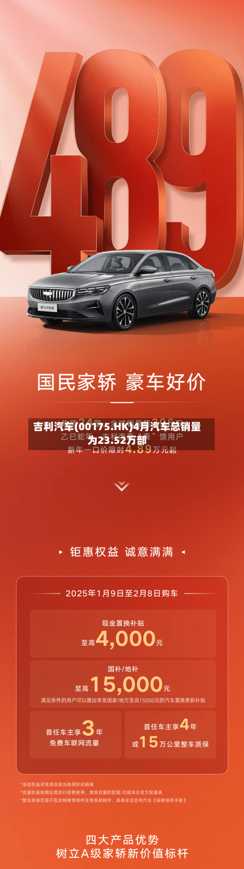 吉利汽车(00175.HK)4月汽车总销量为23.52万部-第2张图片